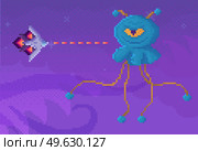 Boss of game next to combat aircraft. Space pixel game interface design layout. Cartoon character with long limbs vector illustration. Rocket or plane attacks and shoots evil one-eyed monster. Rocket or plane attack and shoot evil one-eyed monster. Boss of game next to combat aircraft. Стоковая иллюстрация, агентство Ingram Publishing / Фотобанк Лори