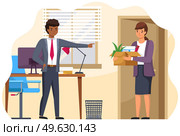 Layoff concept. Boss dismissed employee. Unhappy fired woman leave the office with things in box. Unemployment dismissal of fellow workers. Crisis, jobless and employee job reduction concept. Layoff concept. Boss dismissed employee. Unhappy fired woman leave the office with things in box. Стоковая иллюстрация, агентство Ingram Publishing / Фотобанк Лори