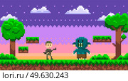 Pixel 8 bit retro game. Soldier in military uniform fighting against monster, Zombie attacks human, apocalypse. Trees and nature pixelated video-game. Man armed with machine gun shoots villain. Soldier in military uniform is fighting against monster, Zombie attacks human in pixel game. Стоковая иллюстрация, агентство Ingram Publishing / Фотобанк Лори