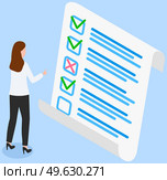 Woman studying questionnaire. Female character checks and grades test. Exam assessment concept. Cartoon character standing near big checklist and summarizing results. Girl studies form with answers. Woman studying questionnaire. Female character checks and grades test. Exam assessment concept. Стоковая иллюстрация, агентство Ingram Publishing / Фотобанк Лори