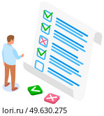 Man studying questionnaire. Businessman makes choice between buttons. Exam assessment concept. Cartoon character standing near big checklist and summarizing results. Guy studies form with answers. Man studying questionnaire. Businessman makes choice between buttons. Exam assessment concept. Стоковая иллюстрация, агентство Ingram Publishing / Фотобанк Лори