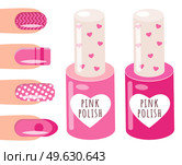 Pink nail polish and a woman s hand with a pattern on the nails, varnish manicure salon accessory. Nail rose polish bottle with cap with hearts, cute container with lacquer, hand care and beauty. Pink nail polish and a woman s hand with a pattern on the nails, varnish manicure salon accessory. Стоковая иллюстрация, агентство Ingram Publishing / Фотобанк Лори