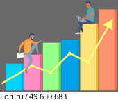 Wan works on laptop. Happy guy sitting on bar graph. People are studying statistical indicators. Growth arrow and diagram on background. Freelance men working with data on chart vector illustration. Wan works on laptop. Happy guy sitting on bar graph. People are studying statistical indicators. Стоковая иллюстрация, агентство Ingram Publishing / Фотобанк Лори