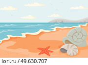 Coastline with ocean at high tide. Seascape with salty water on seashore and marine life. Water covers sandy beach with starfish and seashells. Light breeze on ocean bank. Inhabitants lie on shore. Water covers sandy beach with starfish and seashells. Seascape with salty water on seashore. Стоковая иллюстрация, агентство Ingram Publishing / Фотобанк Лори