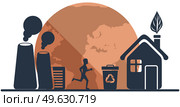 Outlines of plants and factory polluting atmosphere and air. Silhouettes of man doing sports. Waste sorting bin with recycle symbol. Saving Earth and environmental care. Human activity destroys planet. Outlines of plants and factories polluting atmosphere. Saving Earth and environmental care concept. Стоковая иллюстрация, агентство Ingram Publishing / Фотобанк Лори