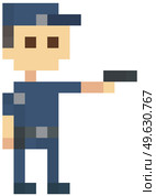 Pixel police man with pistol. Officer stands in blue uniform. Pixel game character with weapons on white background. Pixelated policeman holding handgun, cop fights criminals, security male hero. Pixel police man with pistol. Officer stands in blue uniform. Pixel game character with weapons. Стоковая иллюстрация, агентство Ingram Publishing / Фотобанк Лори