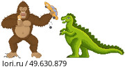 King kong and Godzilla in pixel-game layout. Giant pixelated animals attacks humanity, gorilla holds girl and car in his hands in mobile or computer pixel game. Monkey and dinosaur isolated on white. King kong and Godzilla in pixel-game layout design. Giant pixelated animals attacks humanity. Стоковая иллюстрация, агентство Ingram Publishing / Фотобанк Лори