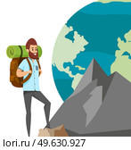 Guy with tourist backpack is climbing mountain. Rock climber on background of planet Earth. Male character with karemat and provisions climbs up rocks to get to goal. World globe vector illustration. Guy with tourist backpack is climbing mountain. Rock climber on background of planet Earth. Стоковая иллюстрация, агентство Ingram Publishing / Фотобанк Лори