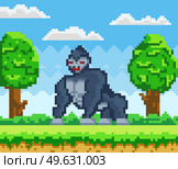 Vector pixelated Gorilla cartoon pixel design wild animal in natural landscape with trees and green grass. Retro 8 bit art mobile app or computer game personage pixel-game huge angry monkey in forest. Vector pixelated Gorilla cartoon pixel design wild animal in natural landscape with green trees. Стоковая иллюстрация, агентство Ingram Publishing / Фотобанк Лори
