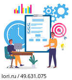Implementing business solutions, clipboard with completed assignments, check marks, businessmen communicating, planning and analysing business strategies, set goals, aims, time management, charts. Implementing business solutions, clipboard with completed assignments, businessmen communicating. Стоковая иллюстрация, агентство Ingram Publishing / Фотобанк Лори