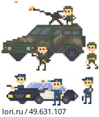 Soldiers and police in uniform near pixelated combat camouflage transport for pixel-game design. Men armed with machine gun on roof of car prepare for attack. People with military technics object. Soldiers and police in uniform near pixelated combat camouflage transport for pixel-game design. Стоковая иллюстрация, агентство Ingram Publishing / Фотобанк Лори