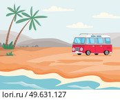 Minibus for staying and living on beach. Mobile home for tourist traveling and transportation around world. Vehicle with possibility of living in it. Seascape with small bus vector illustration. Minibus for staying and living on beach. Mobile home for tourism and traveling around world. Стоковая иллюстрация, агентство Ingram Publishing / Фотобанк Лори