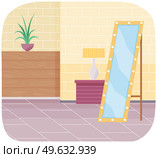 Cartoon background of living room with window, potted plant on windowsill, floor mirror. Indoor furniture design, modern home interior. Arrangement of furniture and layout of premises in apartment. Cartoon background of female living room with window, potted plant on windowsill, floor mirror. Стоковая иллюстрация, агентство Ingram Publishing / Фотобанк Лори
