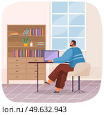 Businessman at his desk working on laptop computer. Man sitting at computer and doing tasks. Guy is working remotely at workplace. Male character spending time in office vector illustration. Businessman at his desk working on laptop computer. Man sitting at computer and doing tasks. Стоковая иллюстрация, агентство Ingram Publishing / Фотобанк Лори