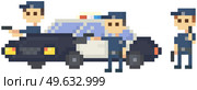 Pixel policemen with pistol near police car. Officers in blue uniform preparing to attack. Pixel game characters stand with weapons on white background. Pixelated group of cops holding handgun. Pixel policemen with pistol near police car. Officers preparing to attack, group of cops fighting. Стоковая иллюстрация, агентство Ingram Publishing / Фотобанк Лори