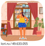 Young woman stands on scales and weights. Lady on diet wants to lose weight. Person uses equipment, device to measure kilograms at home. Overweight girl ashamed of her weight vector illustration. Overweight girl ashamed of her weight. Young woman standing on scales and weighting at home. Стоковая иллюстрация, агентство Ingram Publishing / Фотобанк Лори