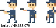 Pixel policemen with pistol. Officers in blue uniform preparing to attack. Pixel game characters stand with weapons on white background. Pixelated group of cops holding handgun, fight criminals. Pixel policemen with pistol. Officers in blue uniform. Pixelated group of cops holding handgun. Стоковая иллюстрация, агентство Ingram Publishing / Фотобанк Лори