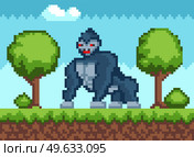 Big gorilla in forest in pixel-game. Animal walks in woods among trees. King kong with red eyes in pixel-game layout design. Wild huge pixelated monkey stands on grass against sky. Pixel-game 8 bit. Big gorilla in forest in pixel-game. Animal walks in woods among trees. King kong with red eyes. Стоковая иллюстрация, агентство Ingram Publishing / Фотобанк Лори