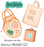 Fabric eco-friendly reusable bag with products. Zero waste collection. Eco concept, no plastic. Ecological style save planet, use safe packaging. Waste management idea, appeal for nature protection. Fabric eco-friendly reusable bag with products. Zero waste collection. Eco concept, no plastic. Стоковая иллюстрация, агентство Ingram Publishing / Фотобанк Лори