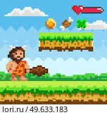 Pixel-game primitive man male brave character in clothes made of animal skins holding wooden club. Pixelated natural landscape with caveman standing on green meadow near platform with golden coins. Pixel-game primitive man male brave character in clothes made of animal skins holding wooden club. Стоковая иллюстрация, агентство Ingram Publishing / Фотобанк Лори