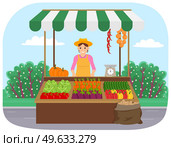 Outdoor farm products store. Woman sells natural vegetables grown in garden vector illustration. Selling food in bazaar. Stall with fresh vegetables. Girl weighs goods. Farming and agronomy concept. Outdoor farm products store. Woman sells natural vegetables grown in garden. Selling food in bazaar. Стоковая иллюстрация, агентство Ingram Publishing / Фотобанк Лори