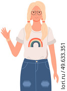 Representative of country in modern clothes. Smiling female character is showing greeting gesture. Cultural features of world countries. Portrair of woman waving her hand vector illustration. Representative of country in modern clothes. Smiling female character is showing greeting gesture. Стоковая иллюстрация, агентство Ingram Publishing / Фотобанк Лори