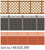 Set of illustrations with large forged fences. High concrete or metal fence with lattice. Elements of landscape and interior of outdoor territories. Site fencing isolated on white background. Set of illustrations with large forged fences. Elements of landscape of outdoor territories. Стоковая иллюстрация, агентство Ingram Publishing / Фотобанк Лори