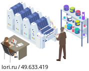 Isometric factory printer. People working with equipment and shelving with paints. Office or production technique. Technology for printing. Technique, printer, printing machine vector illustration. People working with equipment and shelving with paints. Office technique vector illustration. Стоковая иллюстрация, агентство Ingram Publishing / Фотобанк Лори