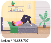 Oversize girl puts on skinny jeans lies on bed, young fat lady relaxing in mattress in bedroom. Female character puts on pants while lying on couch at home in living room. Fat woman s daily routine. Oversize girl puts on skinny jeans lies on bed, young fat woman relaxing in mattress in bedroom. Стоковая иллюстрация, агентство Ingram Publishing / Фотобанк Лори