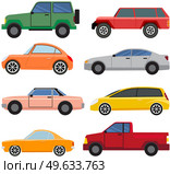 Set of modes of transport and machine shapes. Transport isolated on white background. Crossover, hatchback, pickup, cabriolet vehicle vector illustration. Cars of different types without drivers. Cars of different types without drivers. Set of modes of transport and shapes vector illustration. Стоковая иллюстрация, агентство Ingram Publishing / Фотобанк Лори