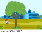 Happy cartoon girl rides rope swing on tree branch, playing in playground on backyard. Childrens summer playground with slide swings in city park. Kids summer outdoor activities in urban landscape. Happy cartoon girl rides rope swing on tree branch, playing in playground on backyard in cityscape. Стоковая иллюстрация, агентство Ingram Publishing / Фотобанк Лори