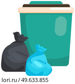 Garbage container refuse sorting concept. Zero waste lifestyle. Big trash can, blue and black waste disposal bags. Environmental protection, green technology ecosystem. Rubbish container with lid. Garbage container refuse sorting concept. Zero waste lifestyle. Big trash can, waste disposal bags. Стоковая иллюстрация, агентство Ingram Publishing / Фотобанк Лори