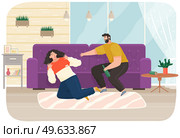 Drunk man scolding his wife while drinking booze. Arguing, reprimanding, having argument fight. Husband and wife breakup, parting and divorce. Family problems, couple conflicts. Marriage crisis. Drunk man scolding his wife while drinking booze. Arguing, reprimanding, having argument fight. Стоковая иллюстрация, агентство Ingram Publishing / Фотобанк Лори