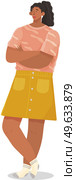 Young unhappy woman with black hair dressed in casual clothes. Female sad character standing isolated on white background wearing skirt and t-shirt, hands folded in displeasure, disconcerted girl. Unhappy woman with black hair dressed in casual clothes. Female sad character isolated on white. Стоковая иллюстрация, агентство Ingram Publishing / Фотобанк Лори