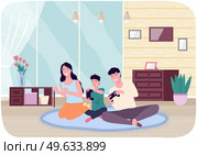 Family playing video games. Mom dad and son gaming with gamepad controller, holding joystick in hands spend time together at home. People siting on floor in front of monitor and playing computer game. Family playing video games. Mom dad and son gaming with gamepad controller holding joystick in hands. Стоковая иллюстрация, агентство Ingram Publishing / Фотобанк Лори
