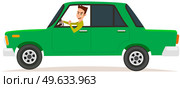 Angry young man driving green car. Male character in transport isolated on white background. Guy is driving vehicle. Lada, sedan, passenger car with screaming driver flat vector illustration. Lada, sedan, passenger car with screaming driver. Angry man driving green car vector illustration. Стоковая иллюстрация, агентство Ingram Publishing / Фотобанк Лори