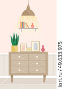 Living room furnishings. Illustration apartment interior room elements of furniture home chandelier, bookshelf, wooden chest of drawers. Shelf with books, vase, houseplant, bedside table, photo frames. Living room furnishings. Furniture home modern chandelier, bookshelf, wooden chest of drawers. Стоковая иллюстрация, агентство Ingram Publishing / Фотобанк Лори