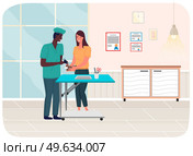 Veterinarian doctor talking to woman hamsters owner in medical office. Girl brought cavy for treatment or inspection to doctor. Visit to vet clinic to check health of domestic animal, pet care. Veterinarian doctor talking to woman hamsters owner in medical office, rodent being treated. Стоковая иллюстрация, агентство Ingram Publishing / Фотобанк Лори