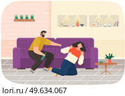 Drunk man scolding his wife while drinking booze. Arguing, reprimanding, having argument fight. Husband and wife breakup, parting and divorce. Family problems, couple conflicts. Marriage crisis. Drunk man scolding his wife while drinking booze. Arguing, reprimanding, having argument fight. Стоковая иллюстрация, агентство Ingram Publishing / Фотобанк Лори