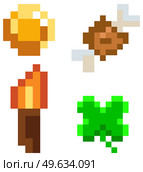 Signs and symbols of items collected during pixel-game set of objects on white background. Pixel interface layout design with pixelated coin, leaf, meat bone, torch . Pixel 8 bit retro video game. Pixel interface layout design with pixelated coin, leaf, meat bone, torch on white background. Стоковая иллюстрация, агентство Ingram Publishing / Фотобанк Лори