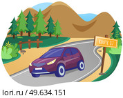 Gray asphalt road with white stripes and green lawn, with landscape of nature in background of mountains. Travel by car concept. Crossover rides on road on country tour. Traveling by transport. Travel by car concept. Purple crossover rides on road on country tour. Traveling by transport. Стоковая иллюстрация, агентство Ingram Publishing / Фотобанк Лори