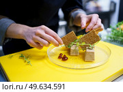 Unrecognisable chef squeezing drops of jam onto a plate of foie micuit with crunchy croutons while working in a restaurant. Crop chef plating foie micuit with crunchy croutons in restaurant. Стоковое фото, агентство Ingram Publishing / Фотобанк Лори