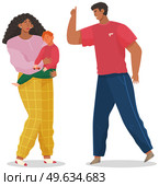 Angry husband and wife swear in presence of unhappy scared kid. Woman and man shouting, screaming, yelling, fighting, scared child crying. Unhappy marriage. Family conflict. Young couple quarreling. Angry husband and wife swear in presence of unhappy scared little son. Woman and man shouting. Стоковая иллюстрация, агентство Ingram Publishing / Фотобанк Лори
