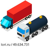 Delivery trucks isolated on white background. Wagons with trailers for transporting goods worldwide. Vehicle for transpportation and shipping. Delivery of parcels by transport. Postal cargo trucks. Vehicle for transpportation and shipping. Delivery of parcels by transport. Postal cargo trucks. Стоковая иллюстрация, агентство Ingram Publishing / Фотобанк Лори