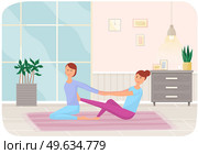 Girls in sportswear doing exercises on mat. Beautiful women relax, meditate and do yoga at home. People lead healthy lifestyle. Friends going in for fitness and keep fit, body and health care concept. Girls in sportswear doing exercises on mat. Beautiful women relax, meditate and do yoga at home. Стоковая иллюстрация, агентство Ingram Publishing / Фотобанк Лори
