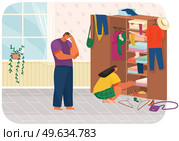 Family doing housework, couple man and woman clean house, washing clothes and putting clothes in wardrobe or closet. Tired guy holding his head in his hand and active girl. Cleaning, household chores. Family doing housework, couple man and woman clean house, putting clothes in wardrobe or closet. Стоковая иллюстрация, агентство Ingram Publishing / Фотобанк Лори