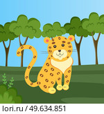 Leopard is resting in clearing. Wild animal in nature. Mixed forest landscape with trees and greenery. Feline with fluffy hair and dark spots sitting in meadow. Wild representative of forest fauna. Feline with fluffy hair and dark spots sitting in meadow. Leopard is resting in clearing in forest. Стоковая иллюстрация, агентство Ingram Publishing / Фотобанк Лори