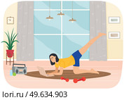 Young woman doing stretching warm up exercise at home with video lesson on her laptop. Vector cartoon illustration girl doing fitness, monitors his health. Development flexibility, healthy lifestyle. Young woman doing stretching warm up exercise at home or gym with video lesson on her laptop. Стоковая иллюстрация, агентство Ingram Publishing / Фотобанк Лори