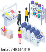 Isometric factory printer. People working with equipment and shelving with paints. Office or production technique. Technology for printing. Technique, printer, printing machine vector illustration. People working with equipment and shelving with paints. Office technique vector illustration. Стоковая иллюстрация, агентство Ingram Publishing / Фотобанк Лори