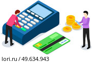 Pos terminal confirms payment by debit credit card with tiny man character entering pin code from card. Contactless payment. NFC technology. Pay for purchases using card at supermarket concept. Large payment terminal, cartoon male characters enter pin code from card. Online trading concept. Стоковая иллюстрация, агентство Ingram Publishing / Фотобанк Лори